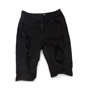 Encore Sz Large Juniors Stretchy Black Distressed Bermuda Shorts Jeans Destroyed